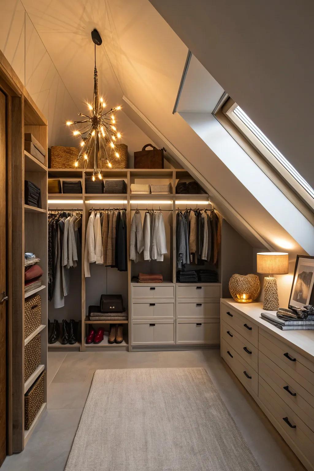 Correct lighting transforms a dim attic into a cozy closet.