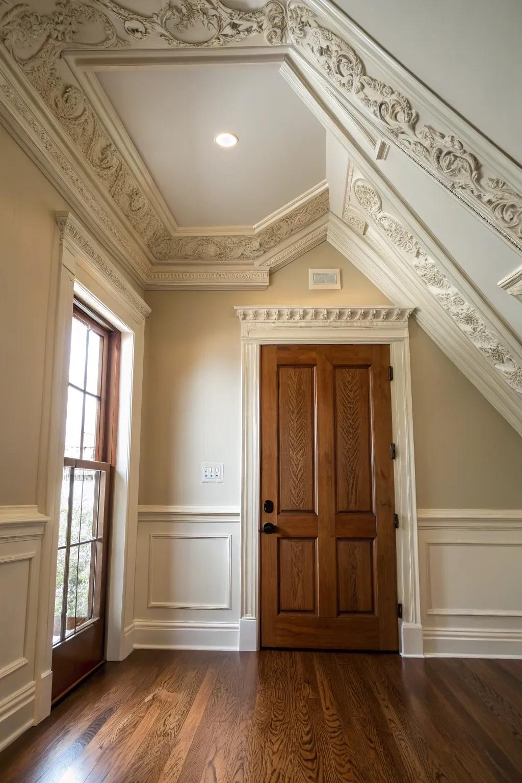 Crown detailing imparts magnificence to attic doors.