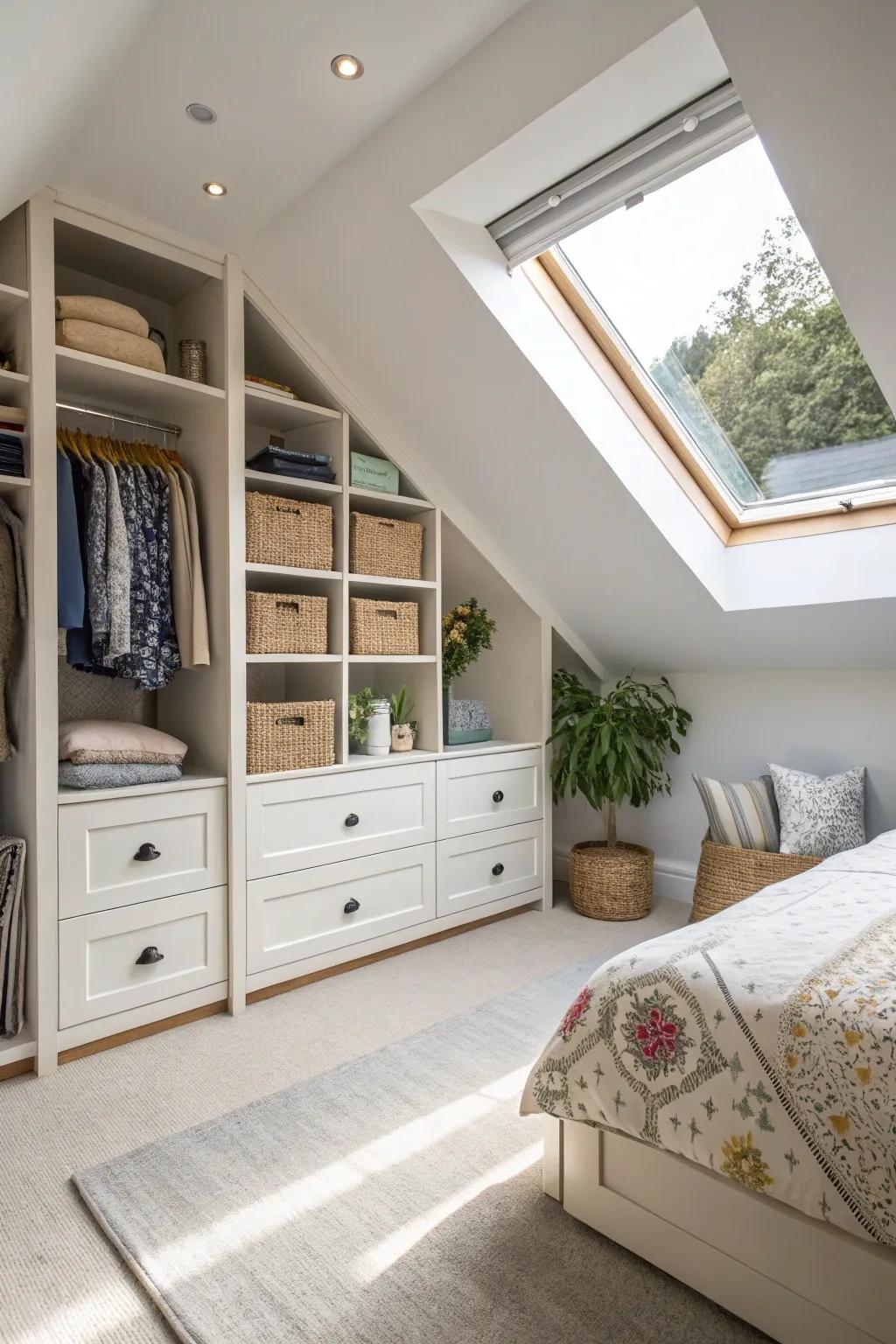 Built-in shelving helps keep your attic bedroom neat and useful.