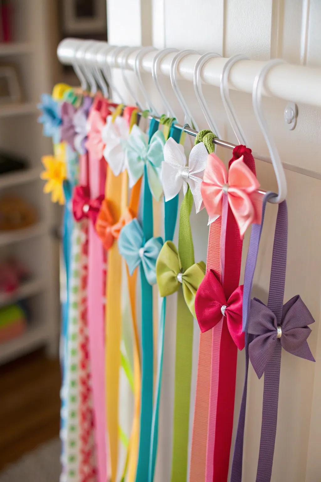An inventive DIY ribbon hanger showcases baby bows.