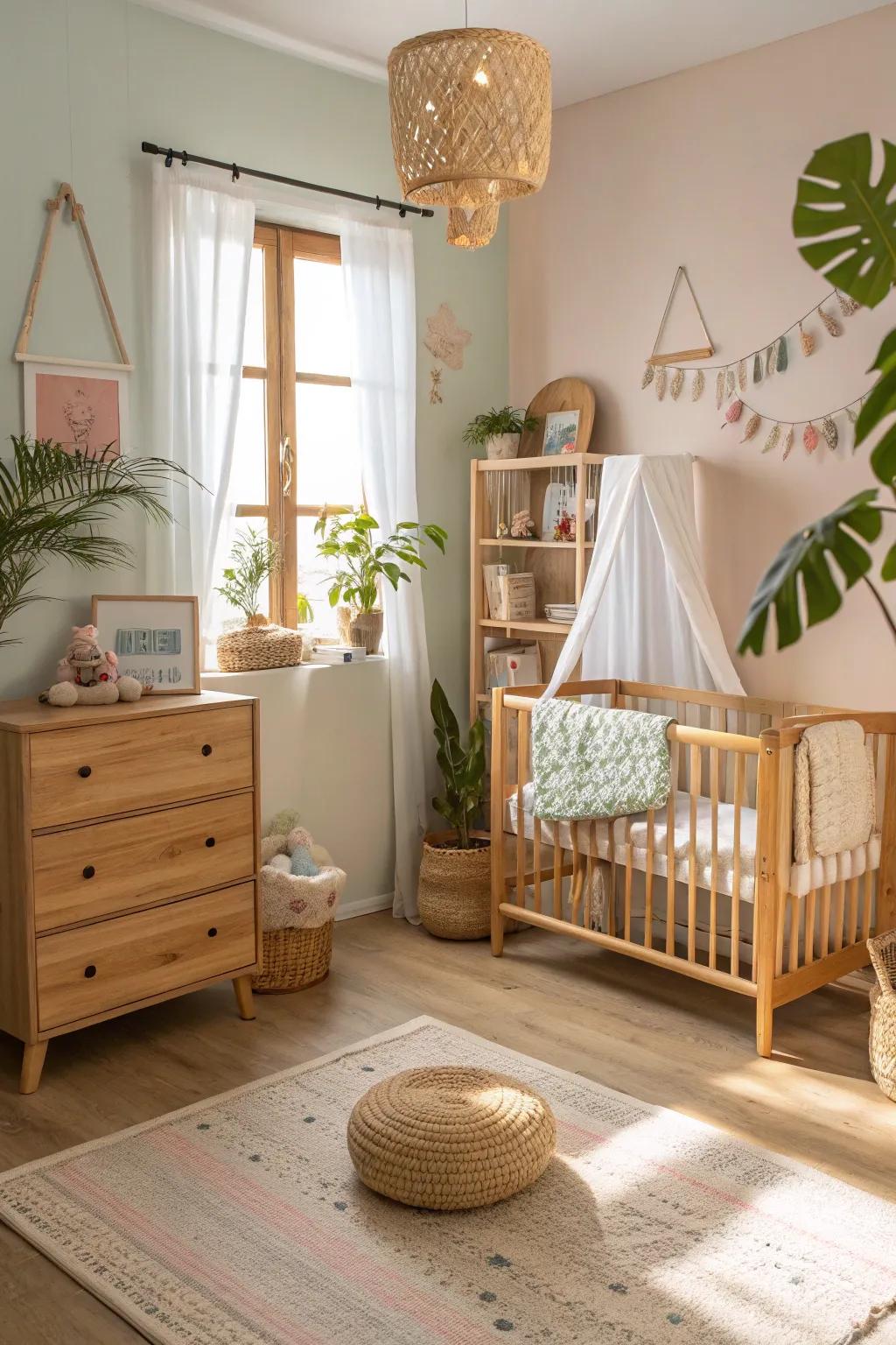 Natural wood furniture provides a sustainable and cozy feel.