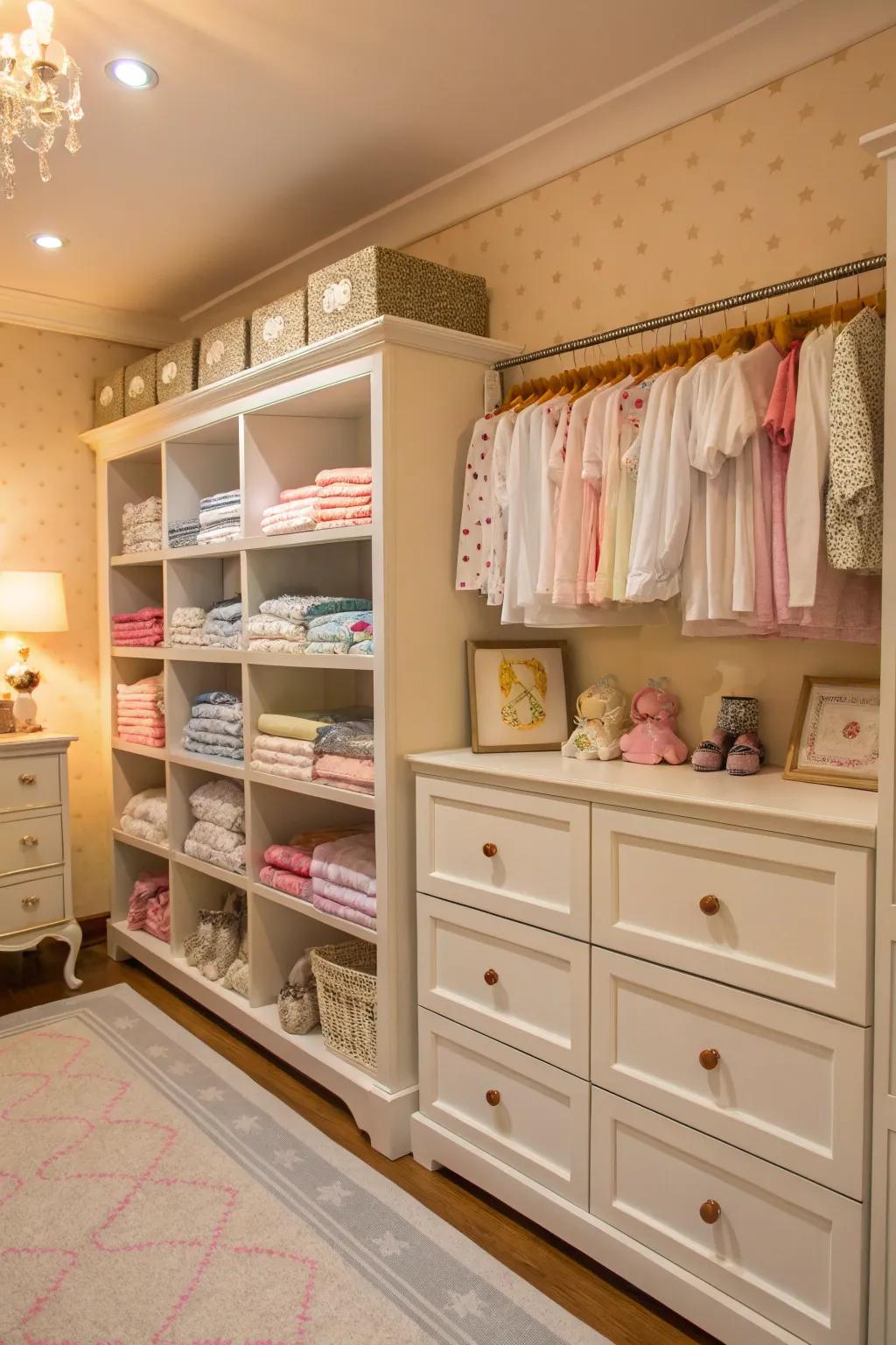 With open shelves, storing your nursery is combined with decoration.