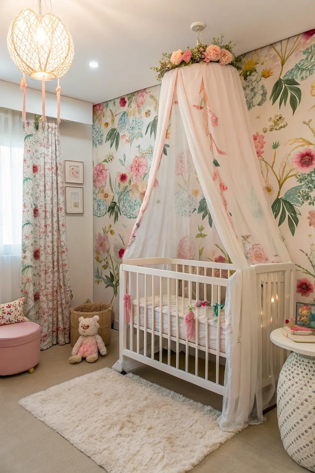 A dreamy canopy creates a magical feel above the crib.