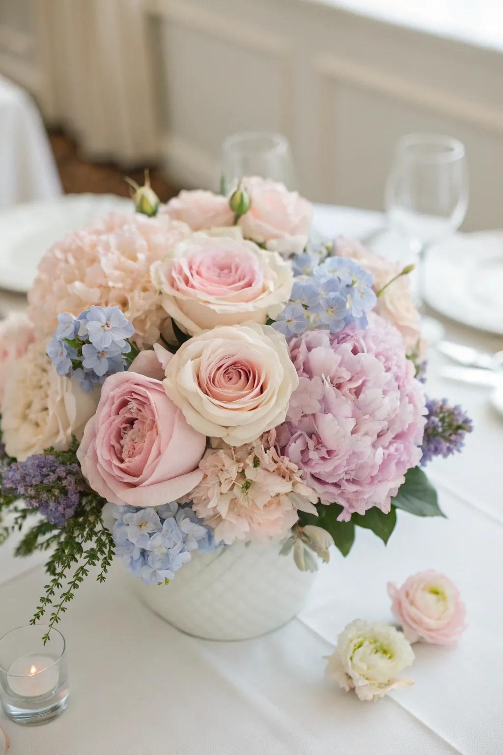 A botanically-inspired centerpiece featuring roses and peonies