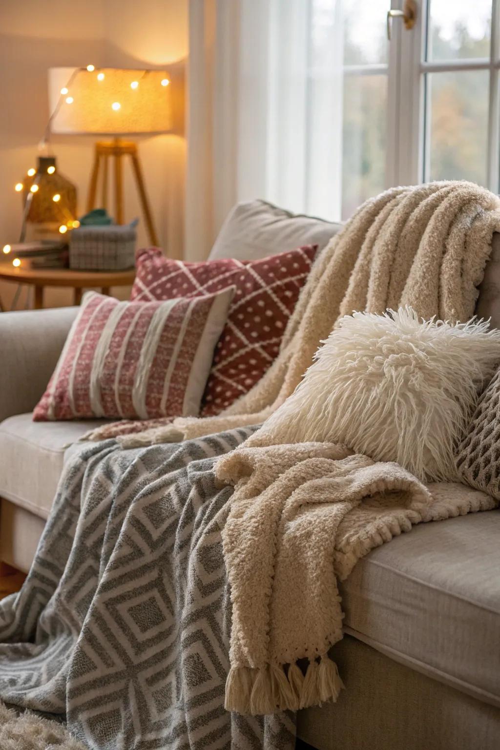 Textured fabrics and fluffy pillows add warmth and coziness to the room.