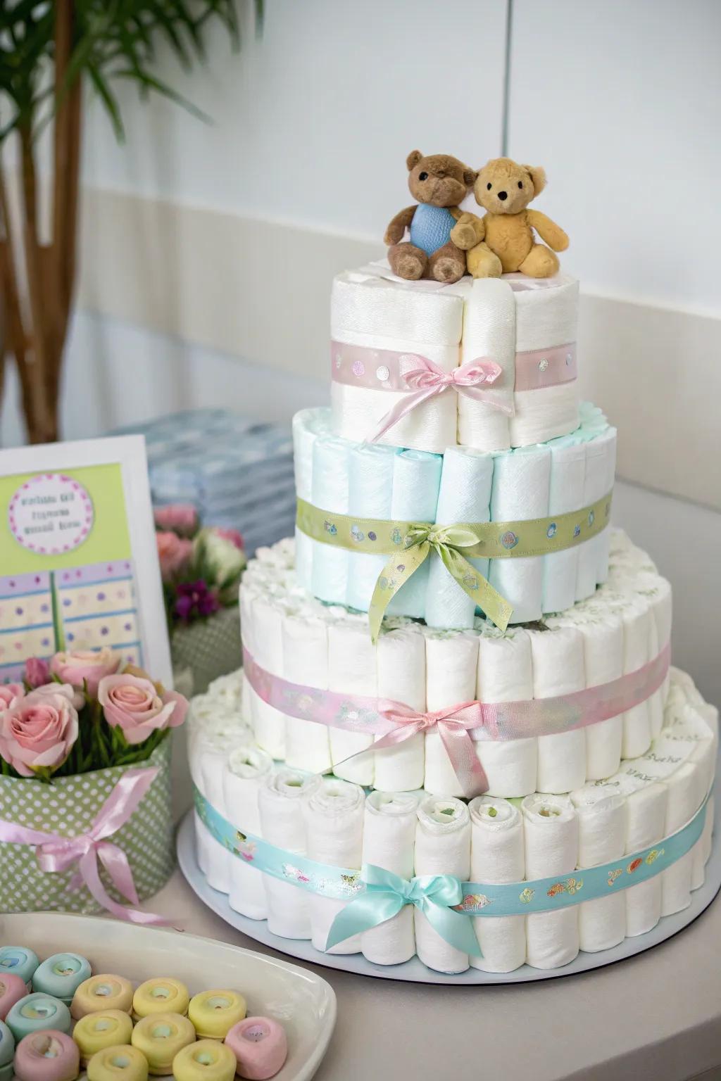 A charming diaper cake that’s both decorative and practical.