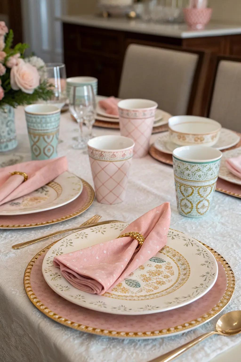 A wonderfully coordinated table setting for an elegant bachelorette celebration.