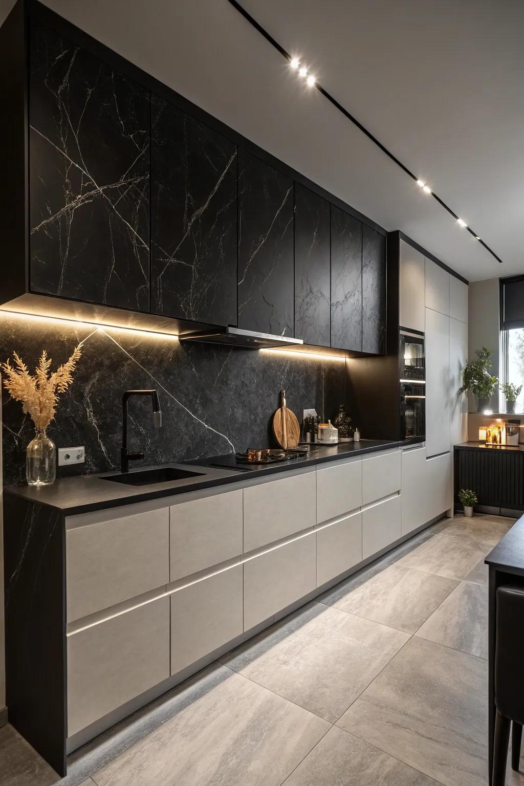 Dark on dark creates a dramatic and elegant cooking space atmosphere.