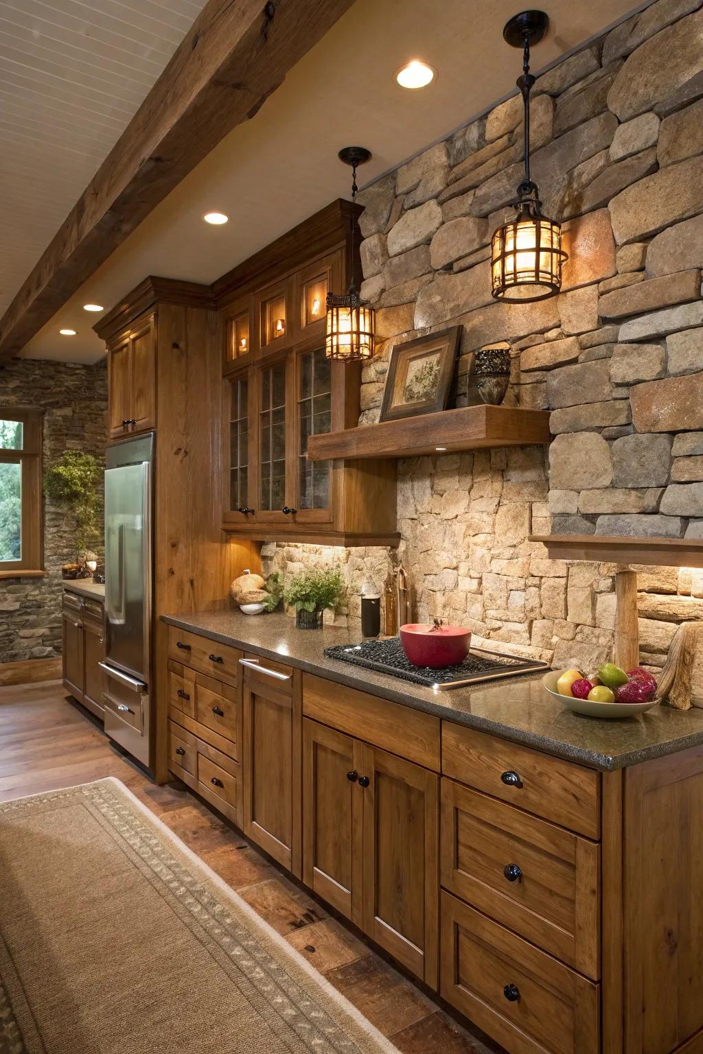 Original stone gives a rustic beauty to a kitchen with maple cabinets.