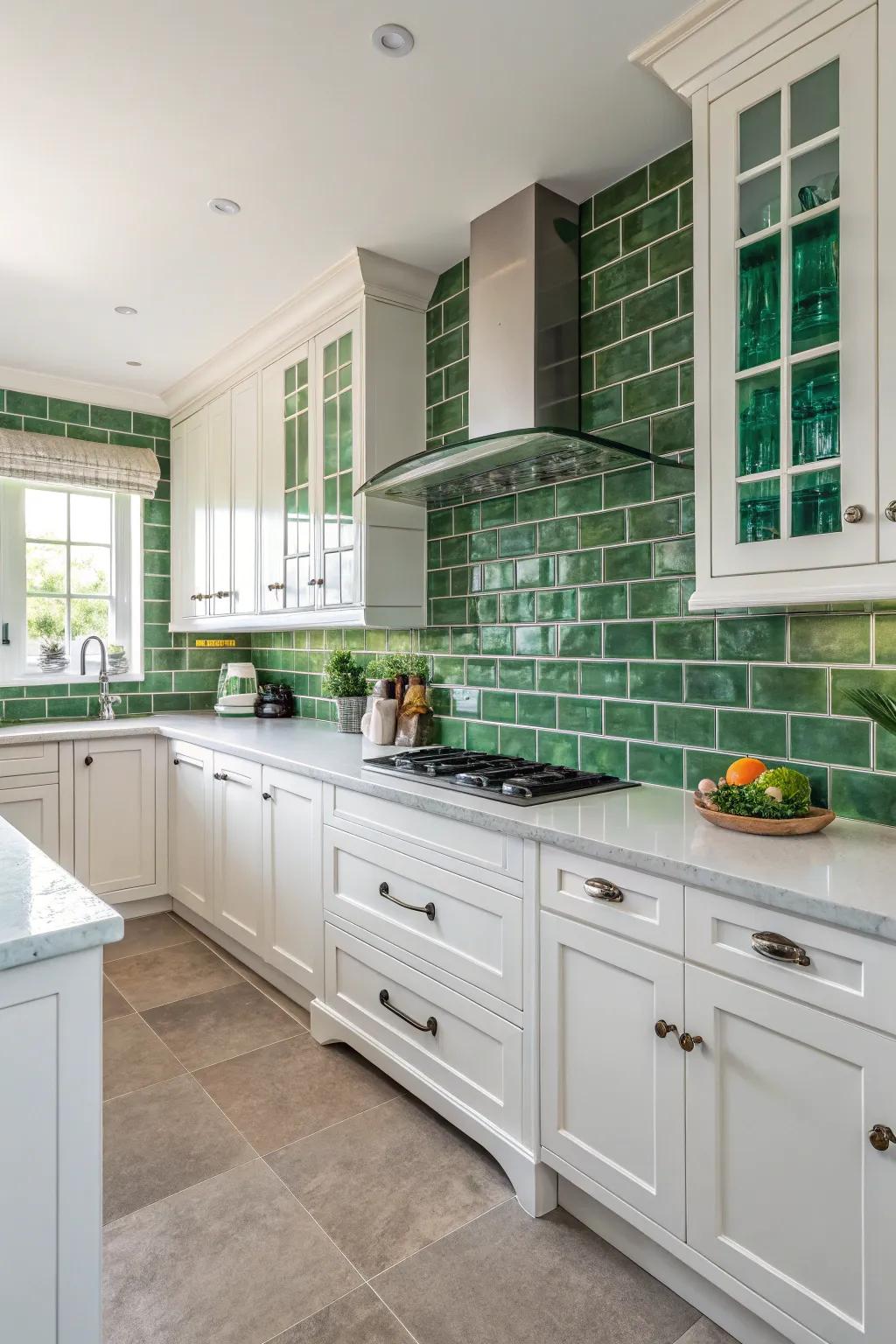 Green tiles add a soothing element to this modern white kitchen.