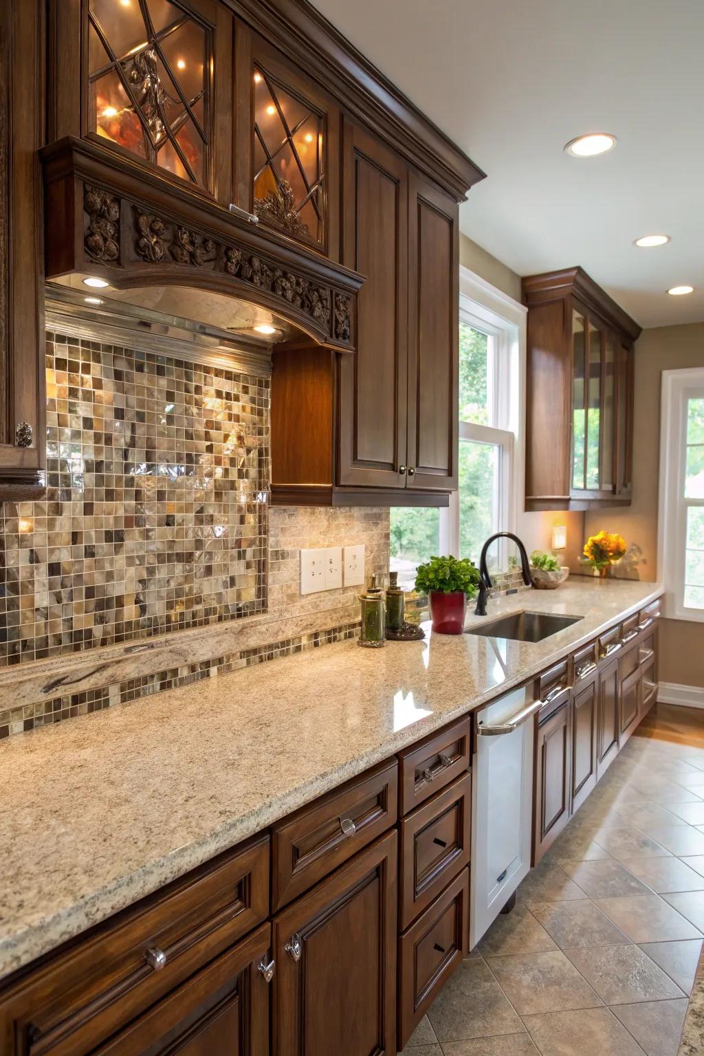 Glass mosaics add an elegant touch to fantasy brown granite.