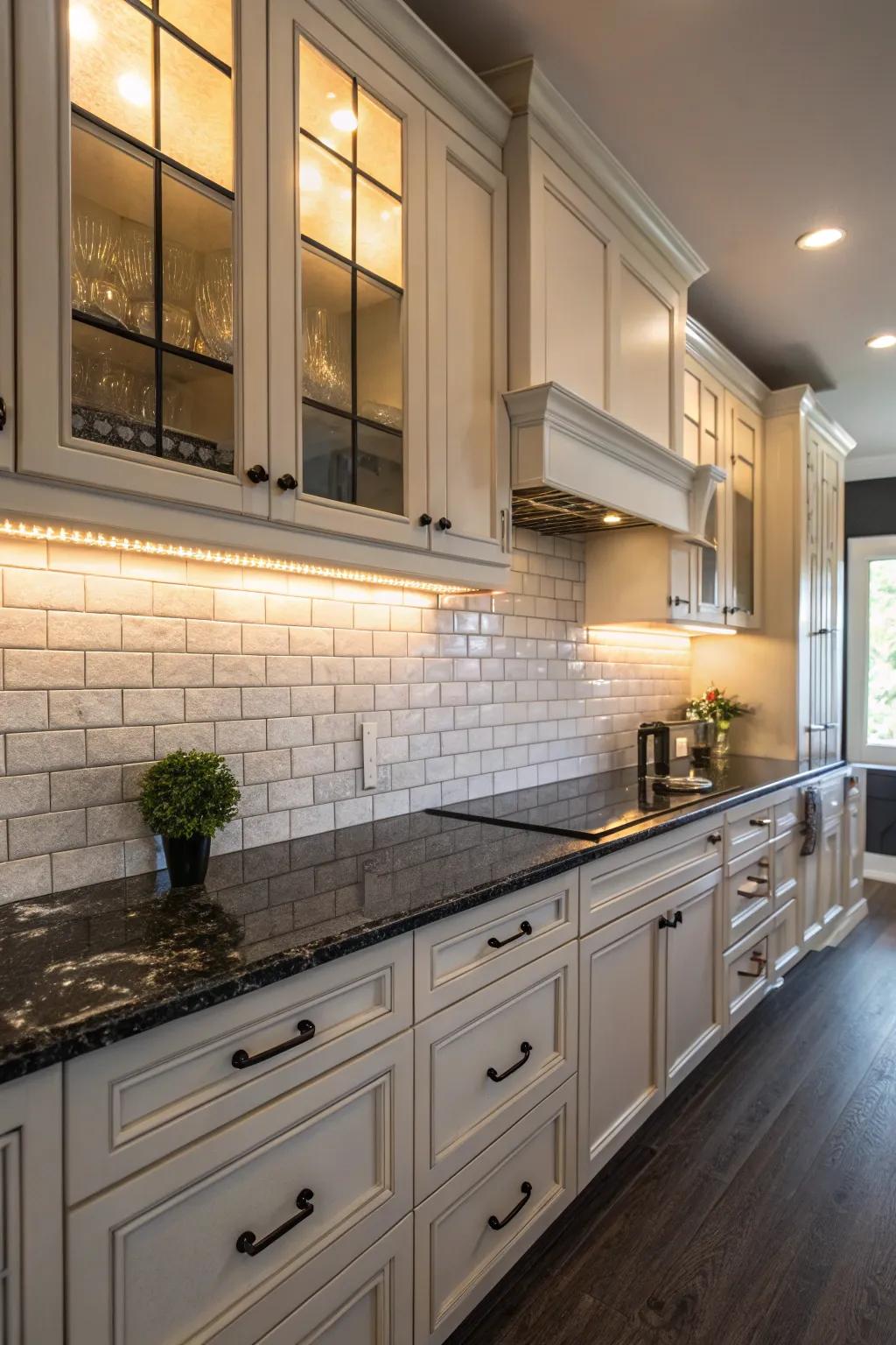 The contrast between dark granite and light cabinets is striking.
