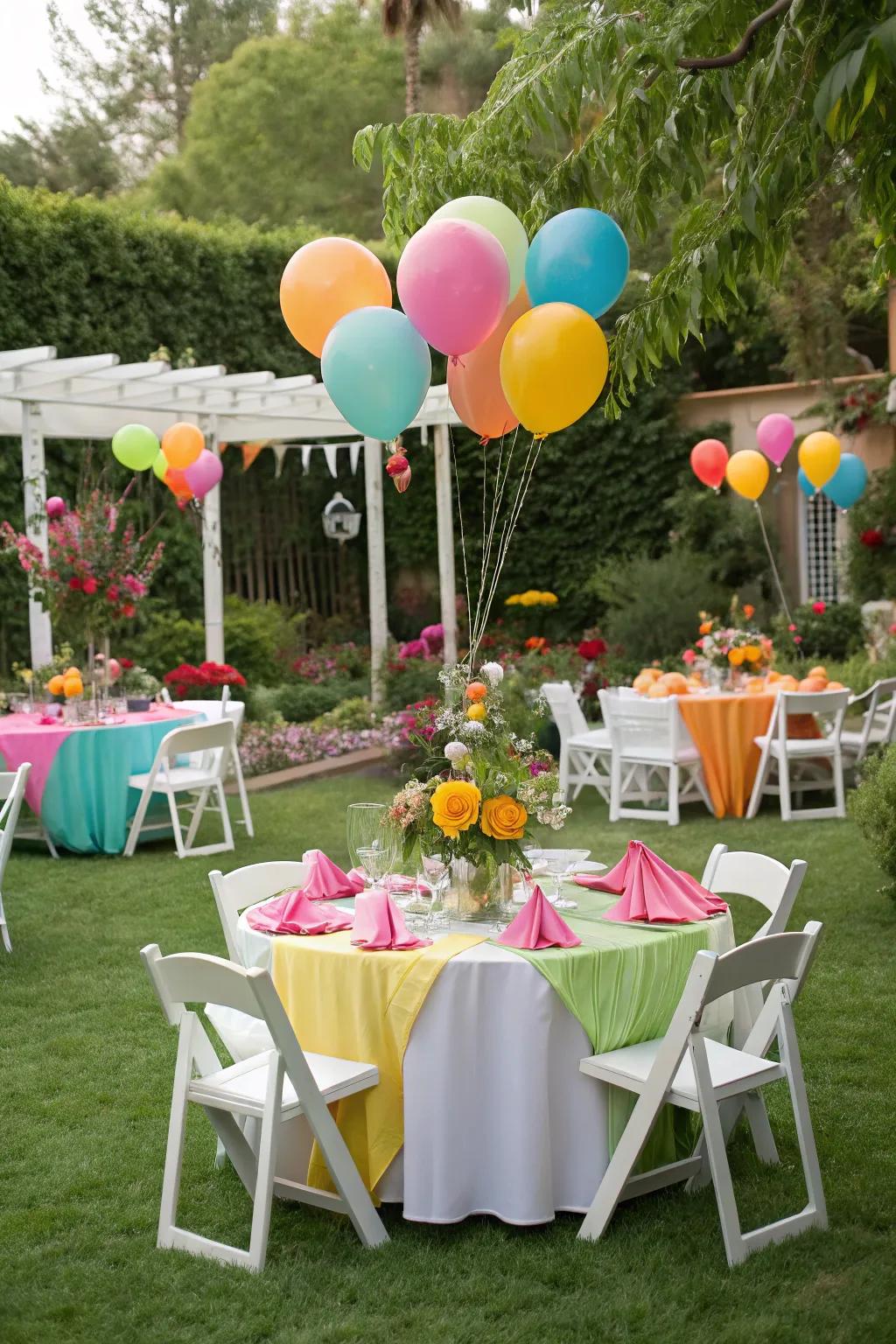Colorful balloons and napkins add a cheerful splash of color to the garden party.