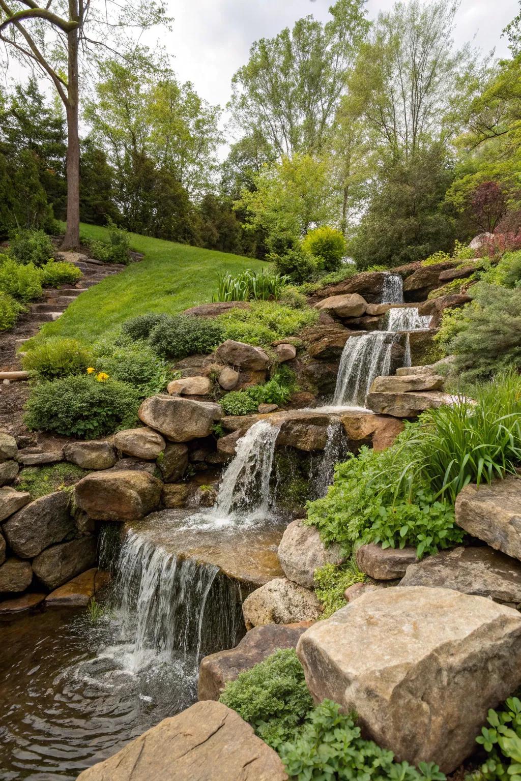A waterfall introduces a peaceful atmosphere to any sloping garden.