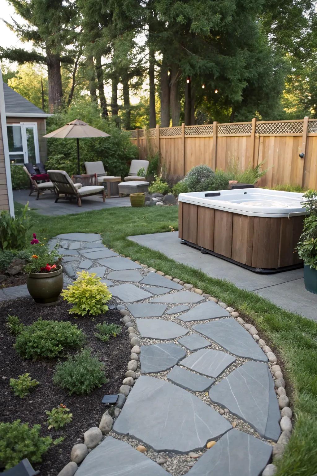 A flatstone walkway adds charm and straightforward access.