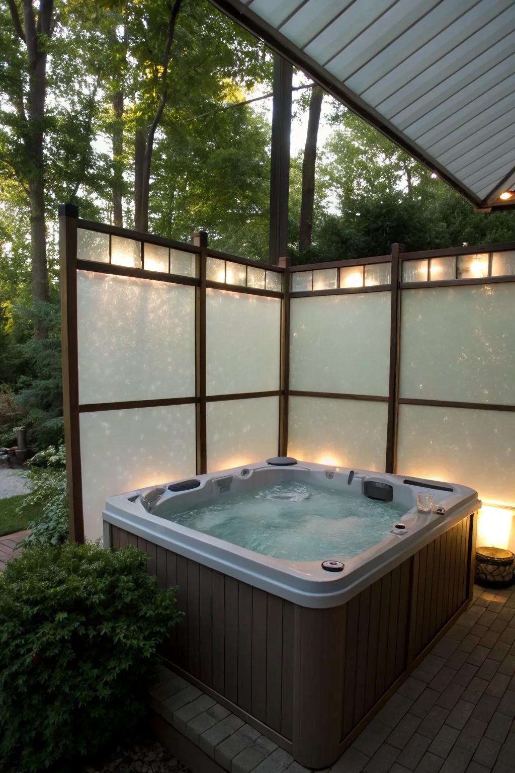 Cloudy glass sections offer a streamlined and modern solution for hot tub privacy.