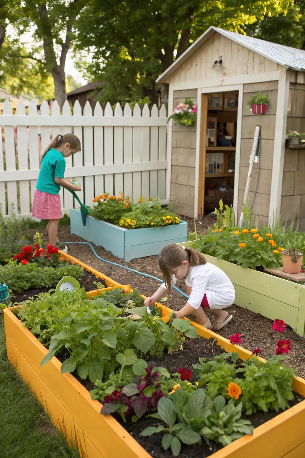 Young children caring for a flourishing garden.