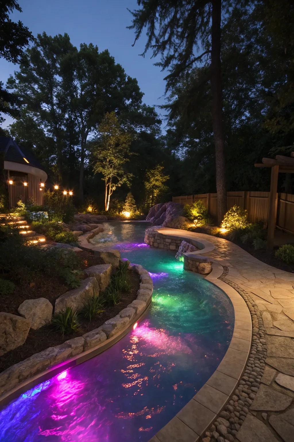 A beautifully lit lazy river pool, casting an enchanting glow.