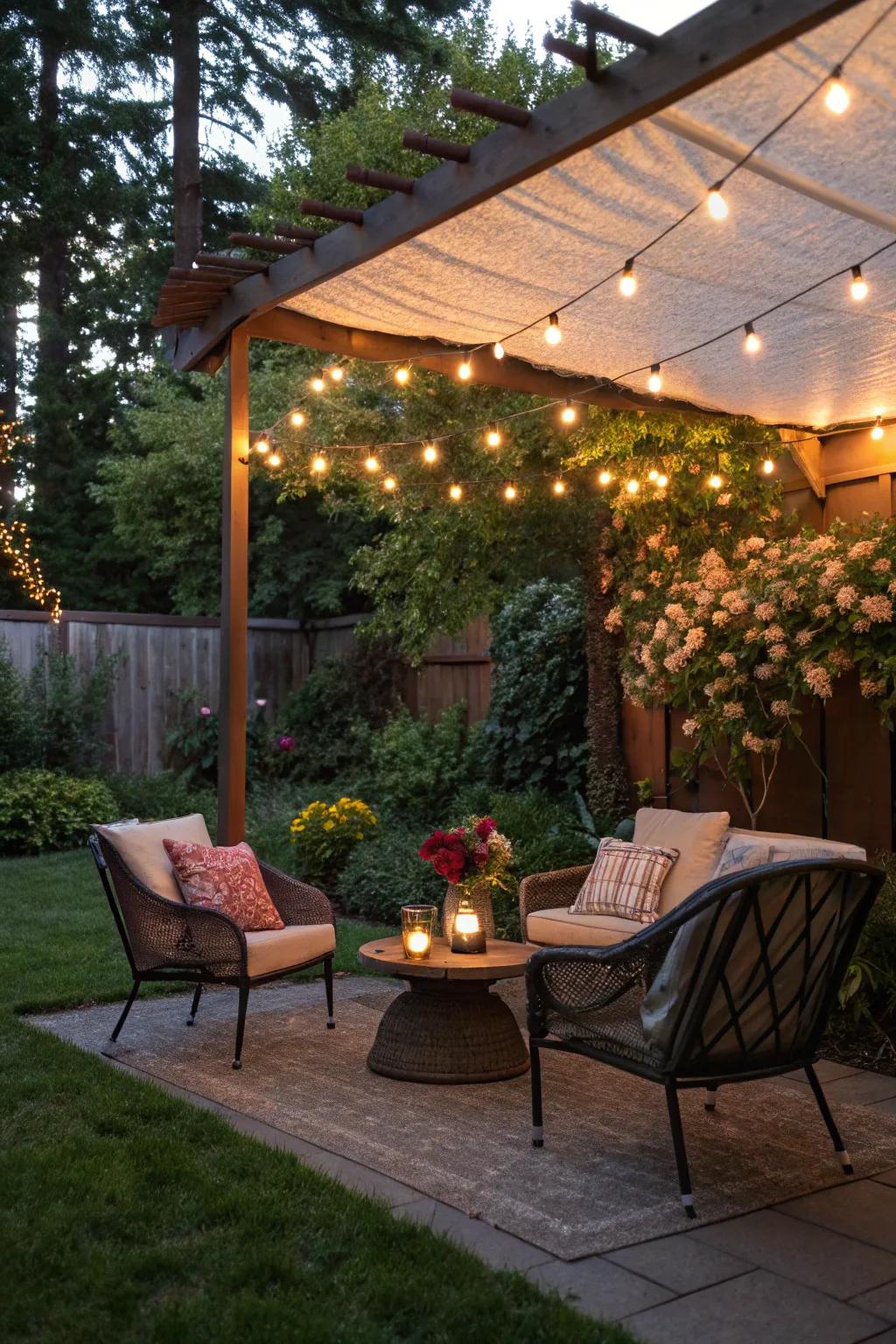 Overhead canopies of lights evoke a comforting and intimate atmosphere.
