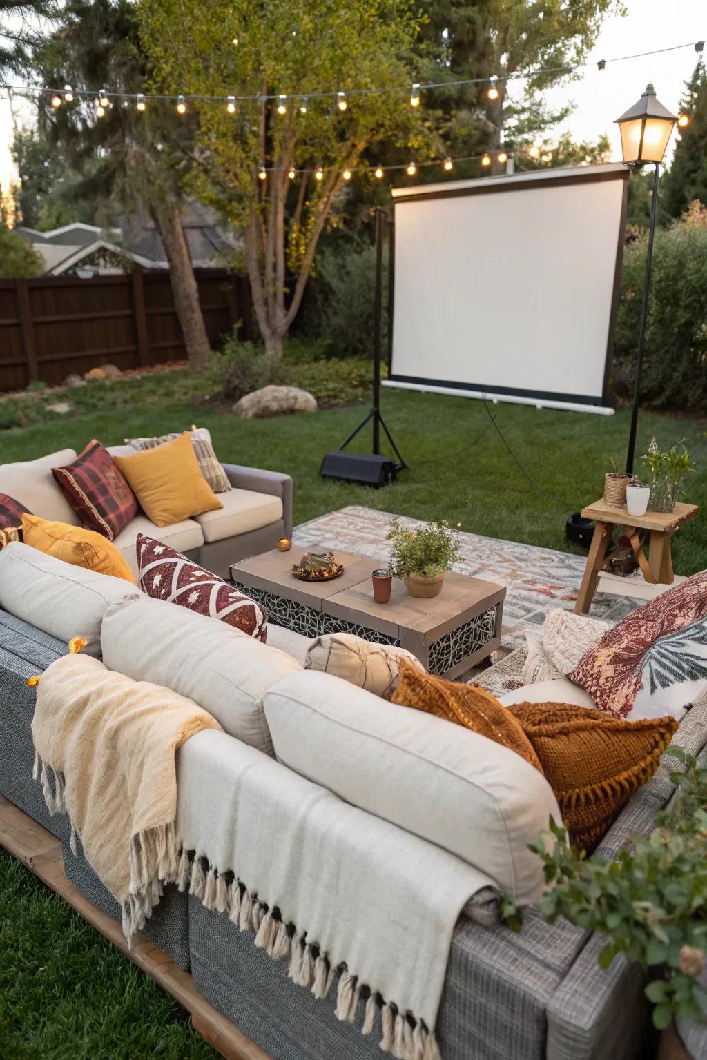 Outdoor couches and sectionals construct a fashionable and comfortable movie night experience.