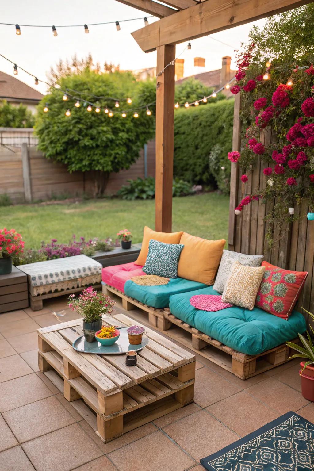 Pallets converted into comfortable outdoor seating with colorful cushions.
