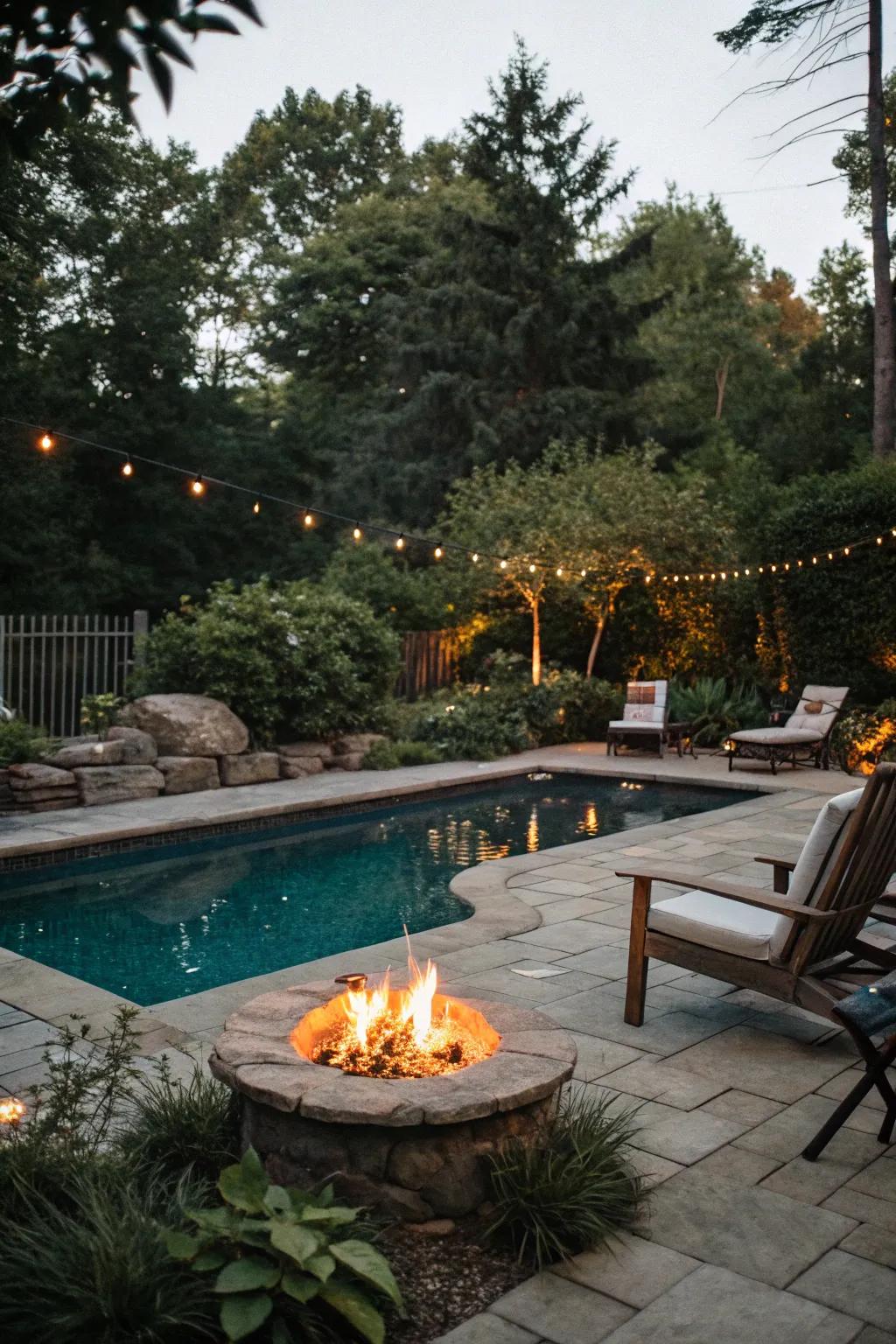 An inviting pool area featuring a bonfire for evening gatherings.
