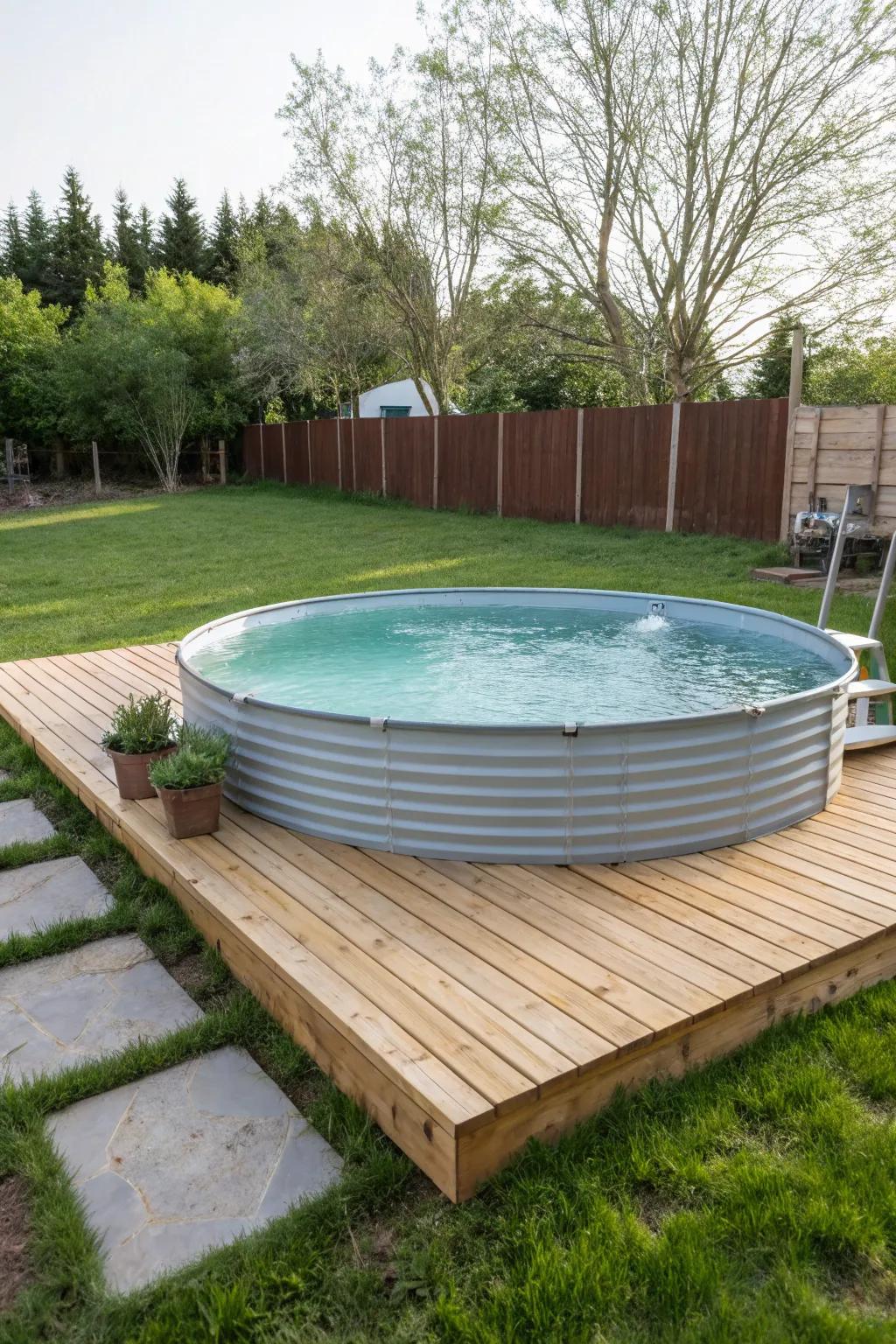A partly submerged basin pool enhanced with a fashionable deck.