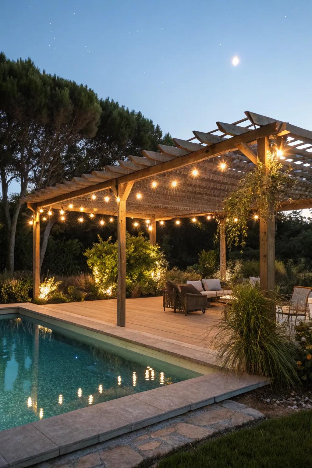 Fairy lights craft a captivating evening ambiance.