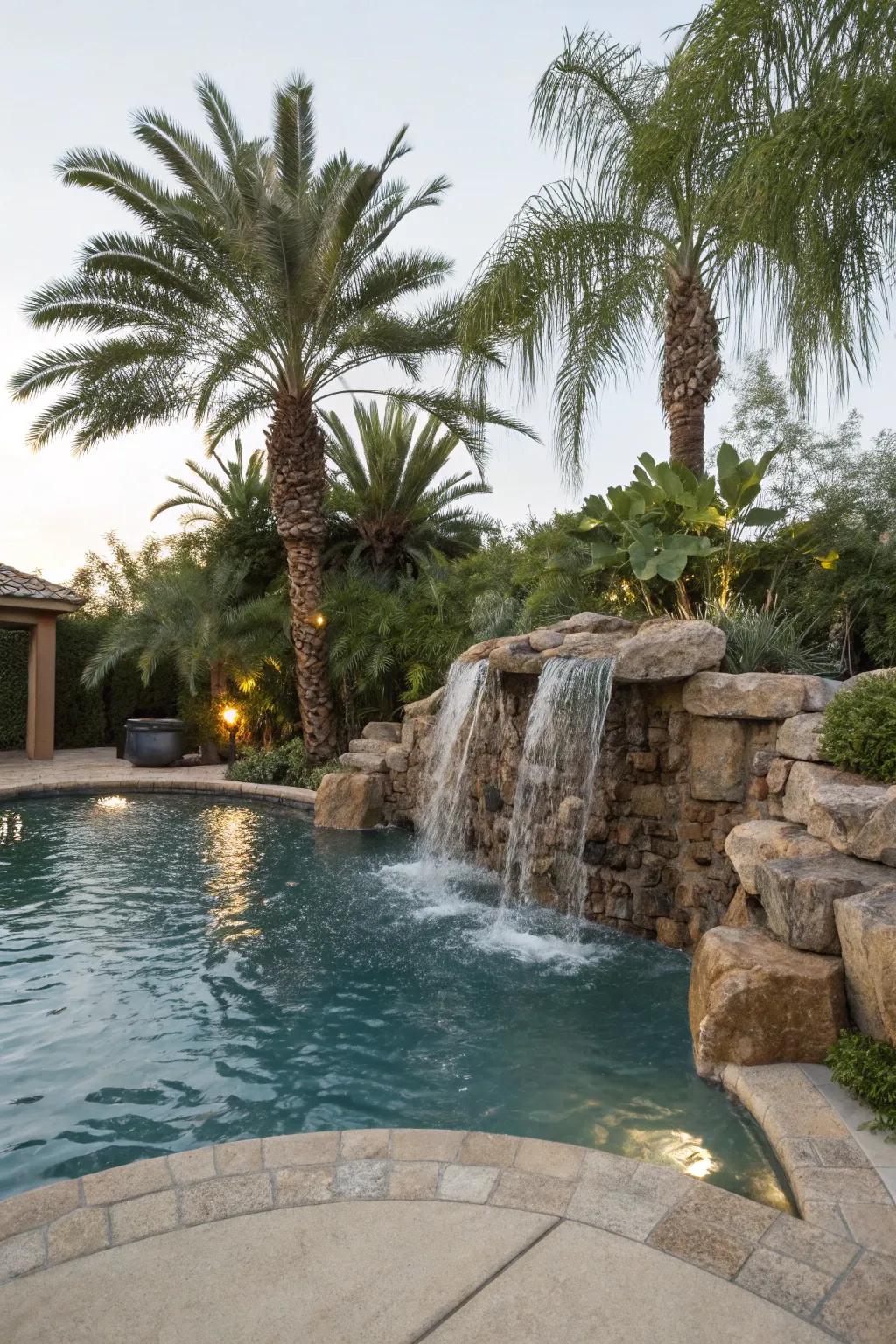 A water cascade feature enriches the opulence and tranquility of this pool space.