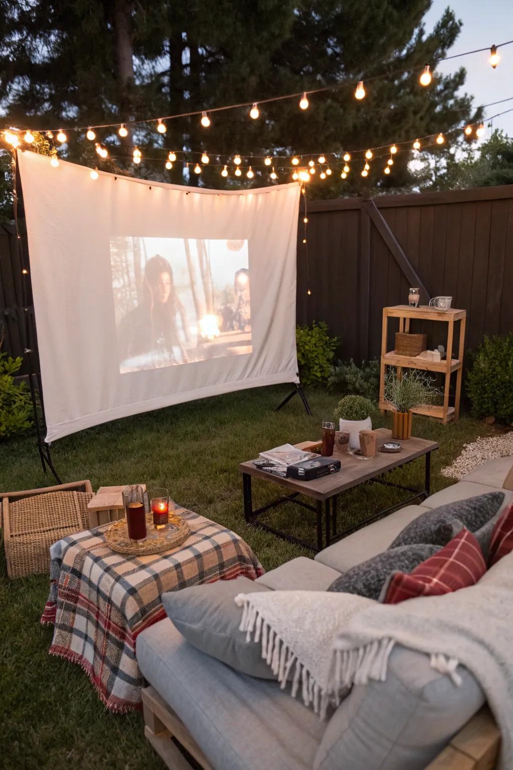 An attractive open-air film viewing setup under the stars.