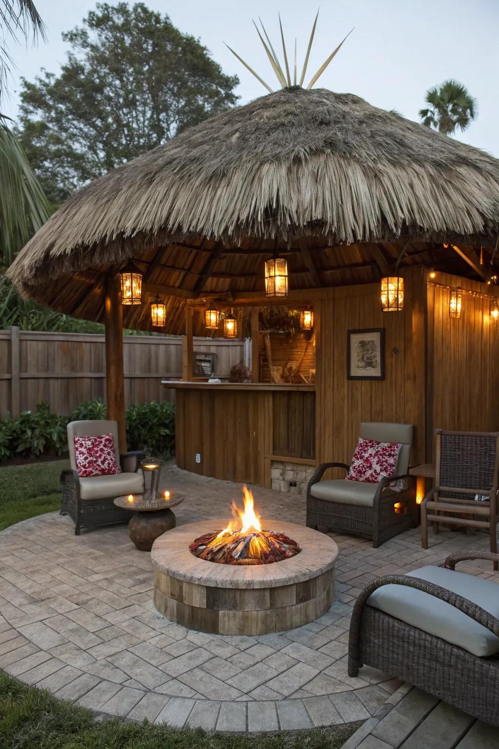 A bonfire space offers warmth and a spot for gathering at your tiki hut.