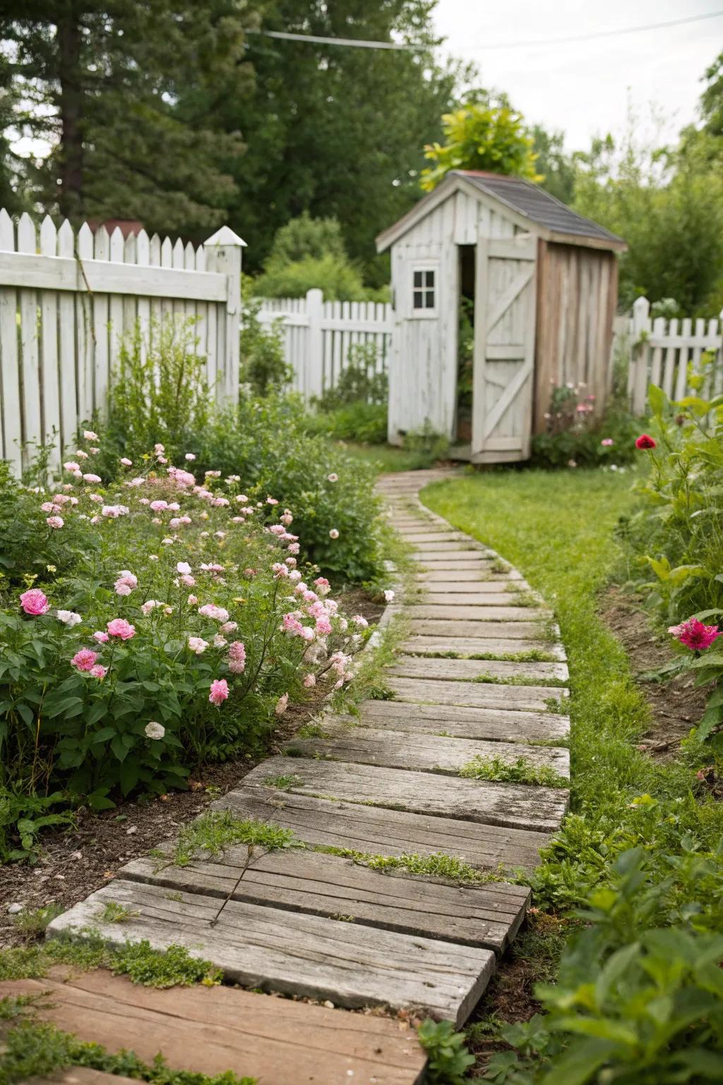 A rustic timber plank path crafting an earthy trail in a backyard.