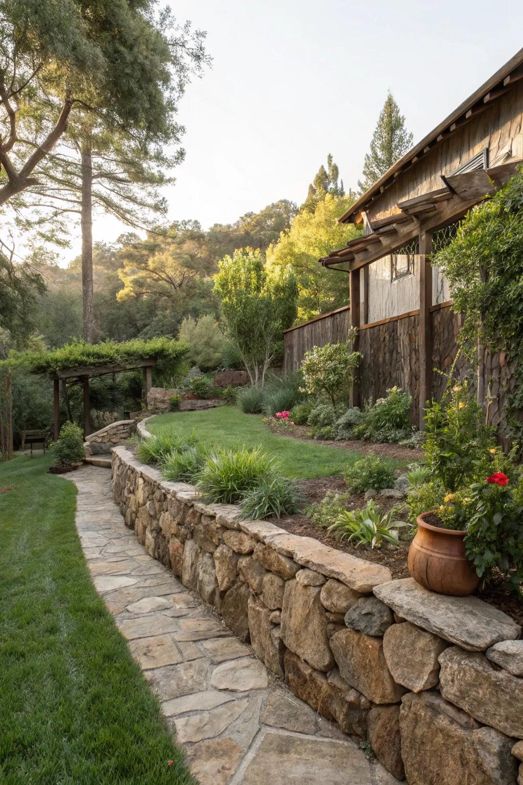 Rock base walls imbue rustic charm.