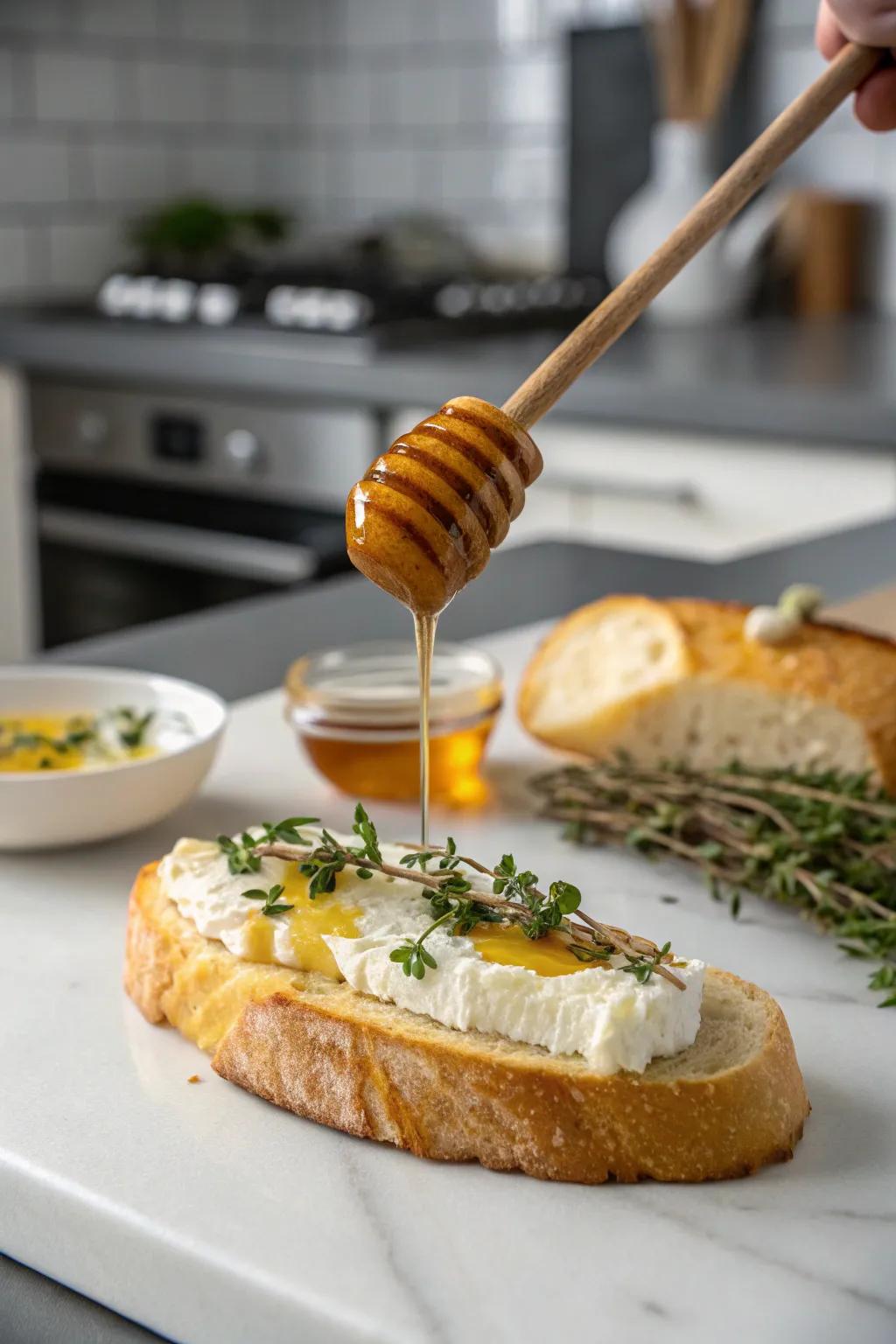 Goat cheese and honey on a baguette, a great mix of tangy and sweet.