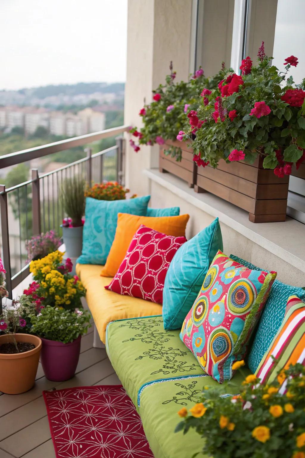 Brighten your balcony with vibrant cushions and planters.