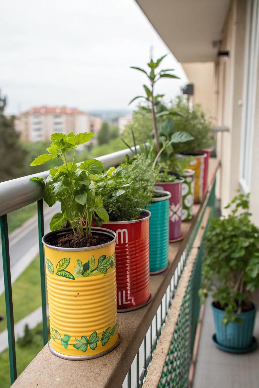 Upcycled metal cans are fun and eco-friendly pots for your herbs.