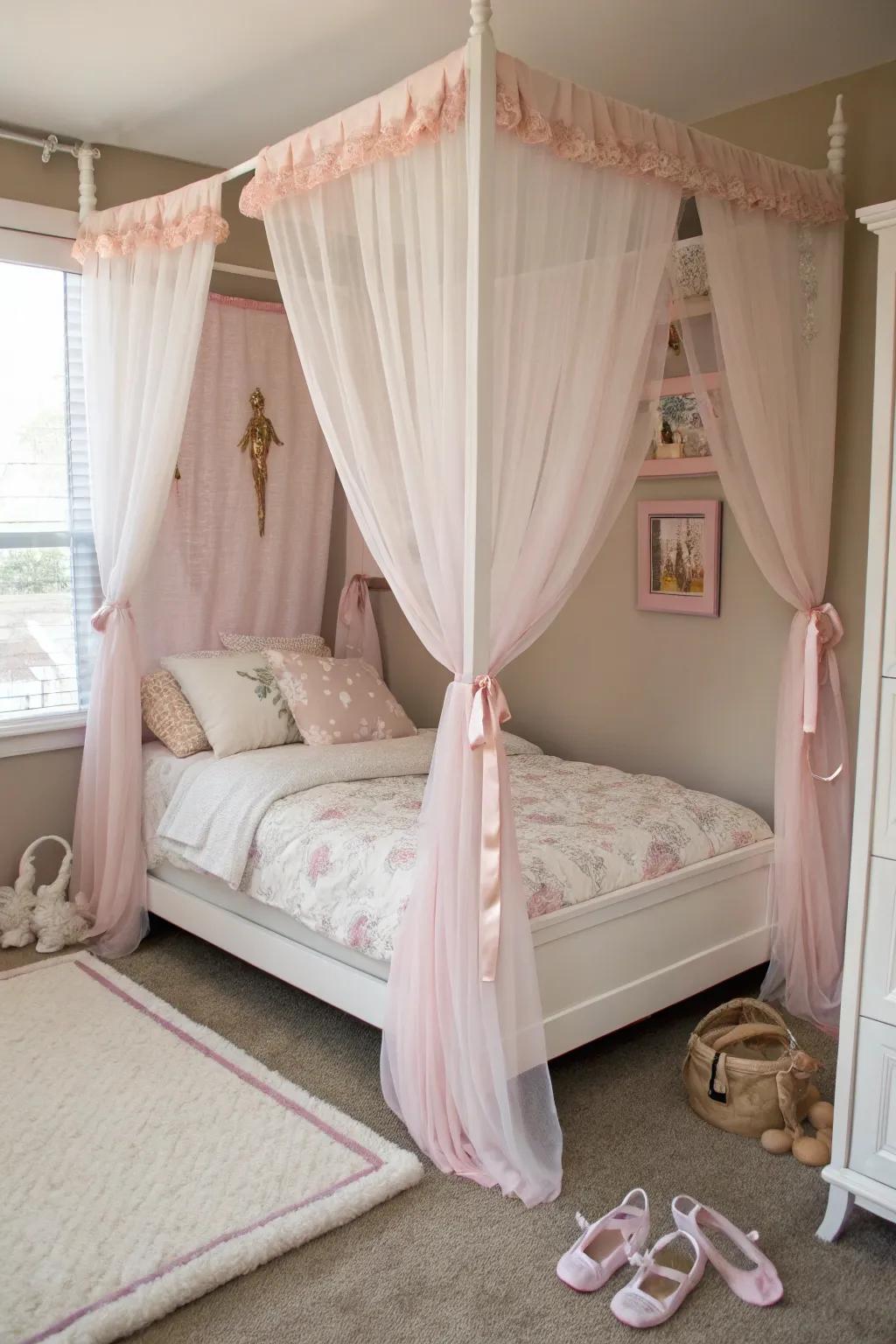 A canopy bed crafts a dramatic and sophisticated central feature.