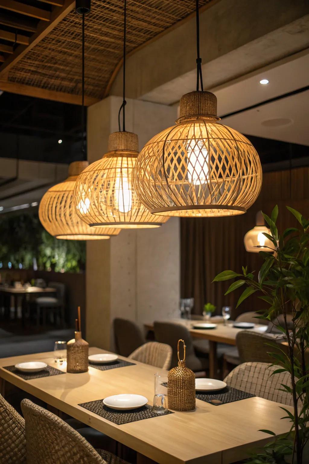 Bamboo drop lights illuminating a dining area