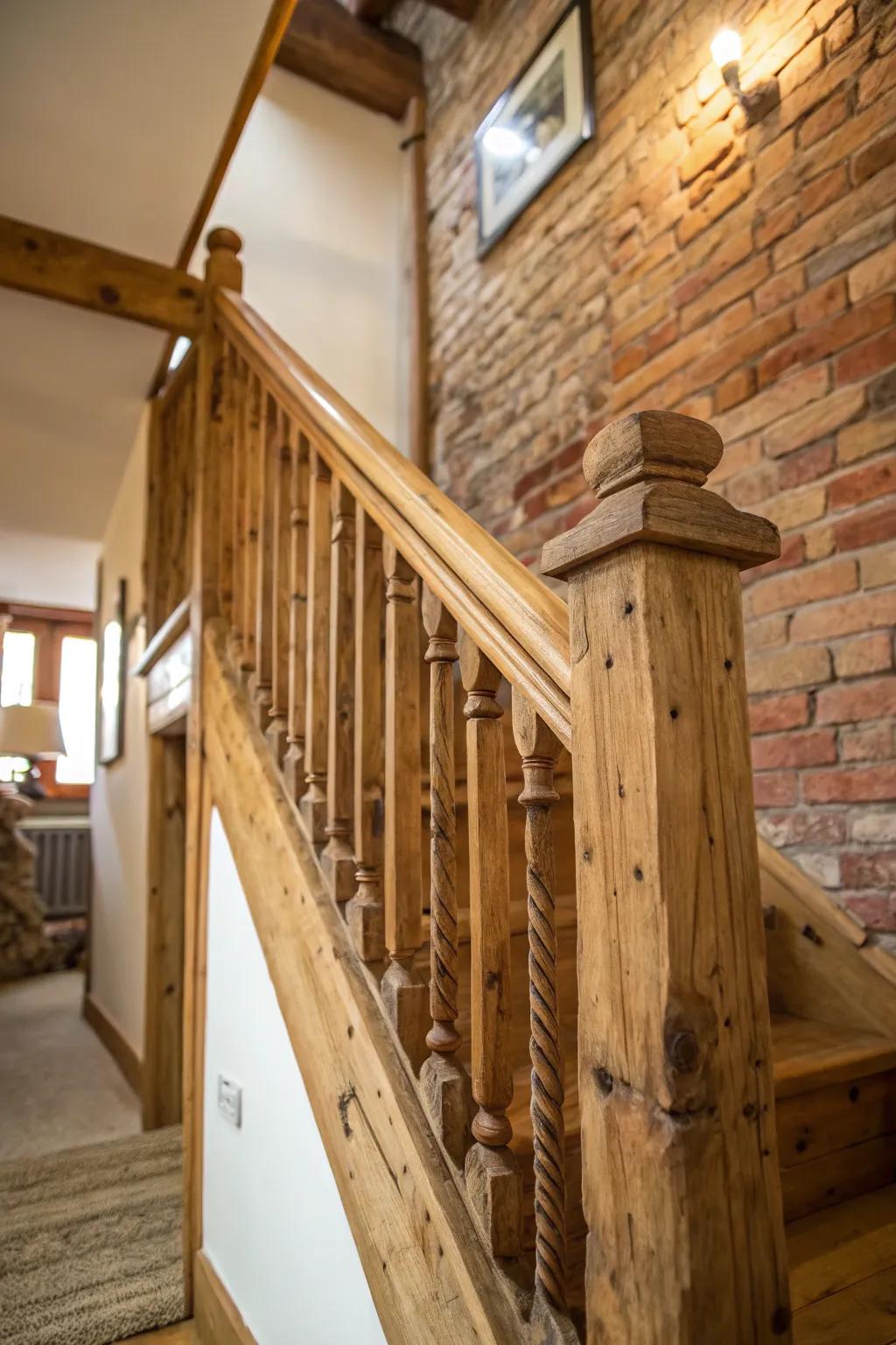 Country-style charm with a timber banister against exposed brick.