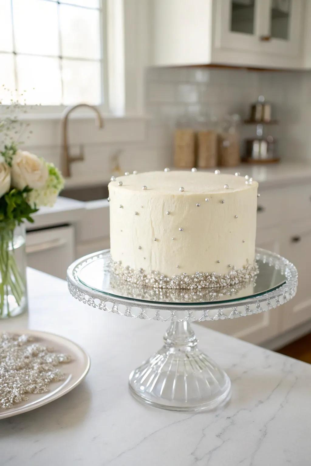 A pristine white cake featuring a subtle shimmer.