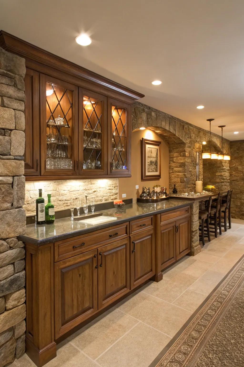 A home bar showcasing an organic rock backsplash with gentle lighting.