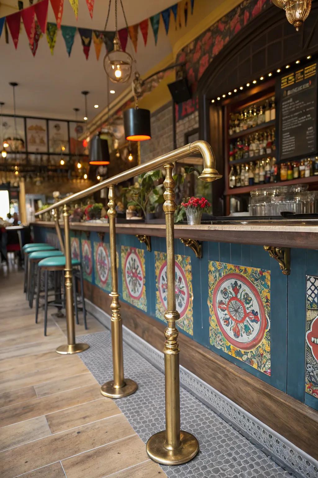 A lively foot rail integrates metal and brass for an eclectic atmosphere.