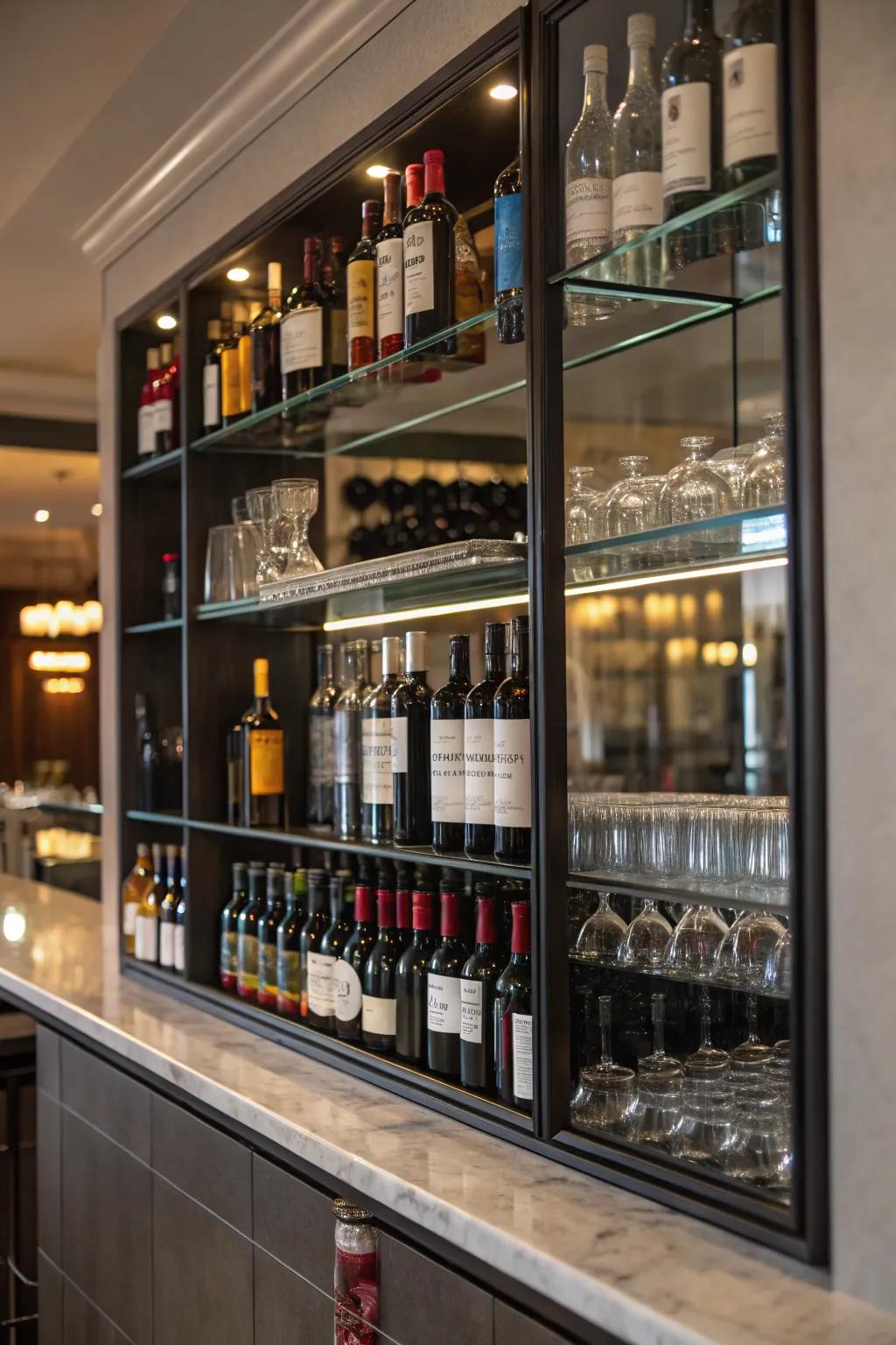 Wine racks integrated into a bar mirror offer both elegance and practicality.