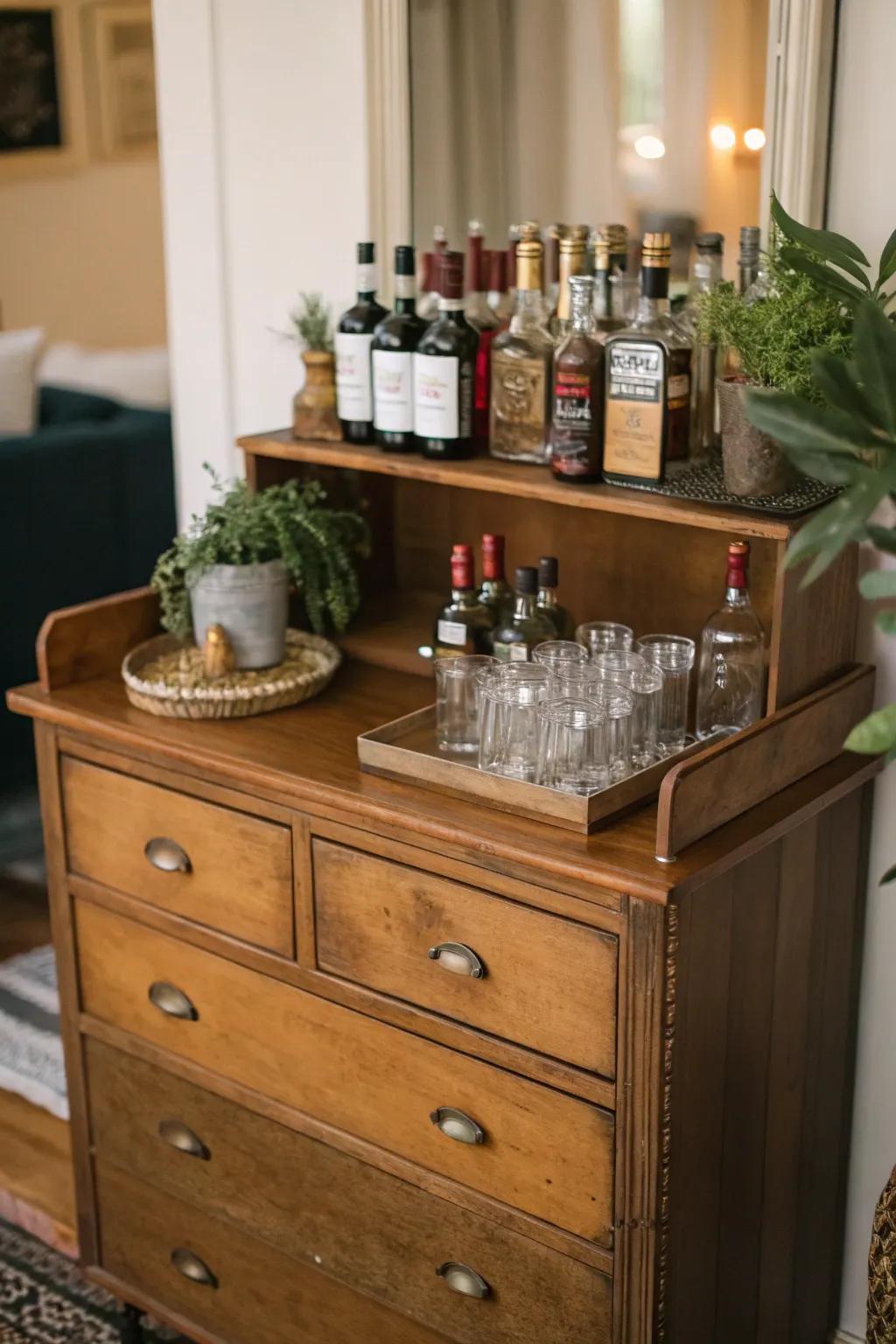 Repurposed furniture adds character to your bar.