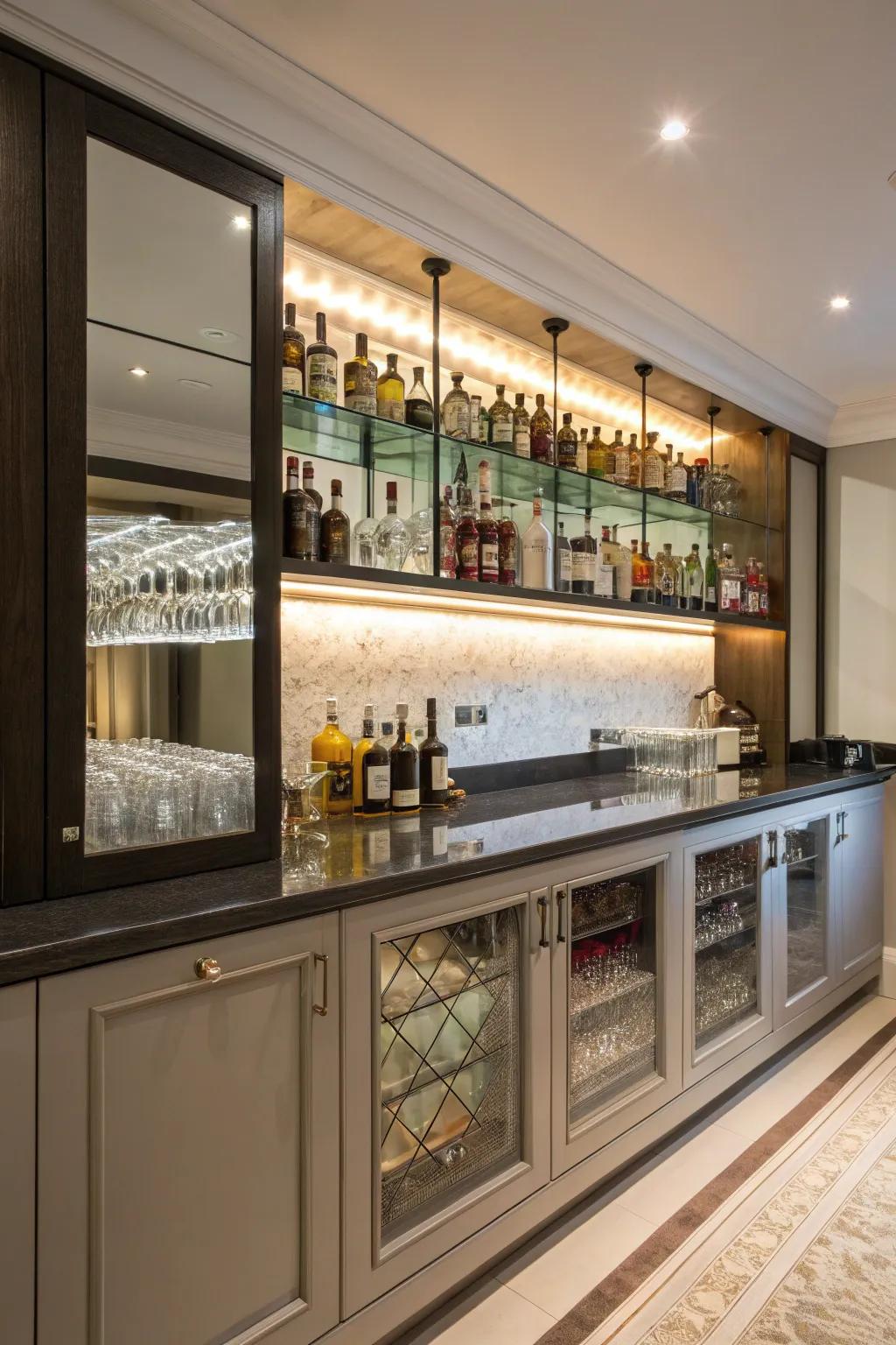 Mirrored backsplashes introduce depth and a dash of elegance to your bar space.