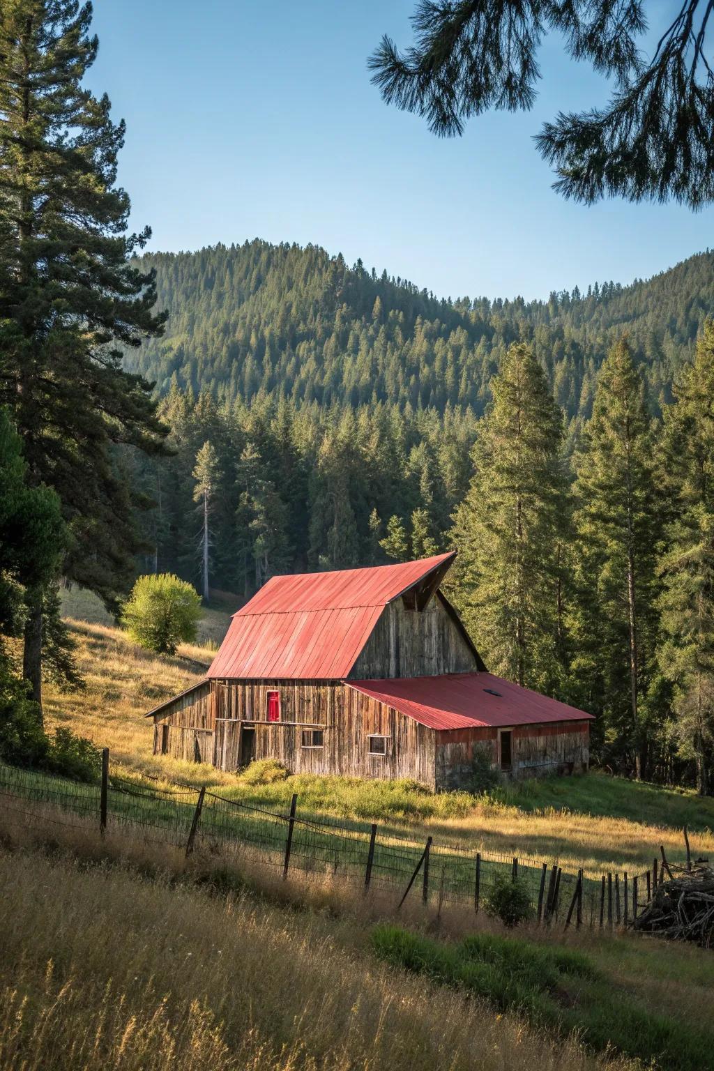 A barn in organic, earthy hues, harmoniously merging with its surroundings.