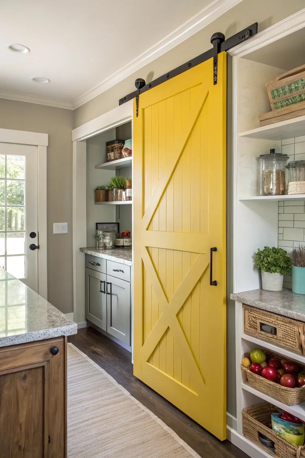 A kitchen that includes a brightly painted sliding barn door for the pantry.