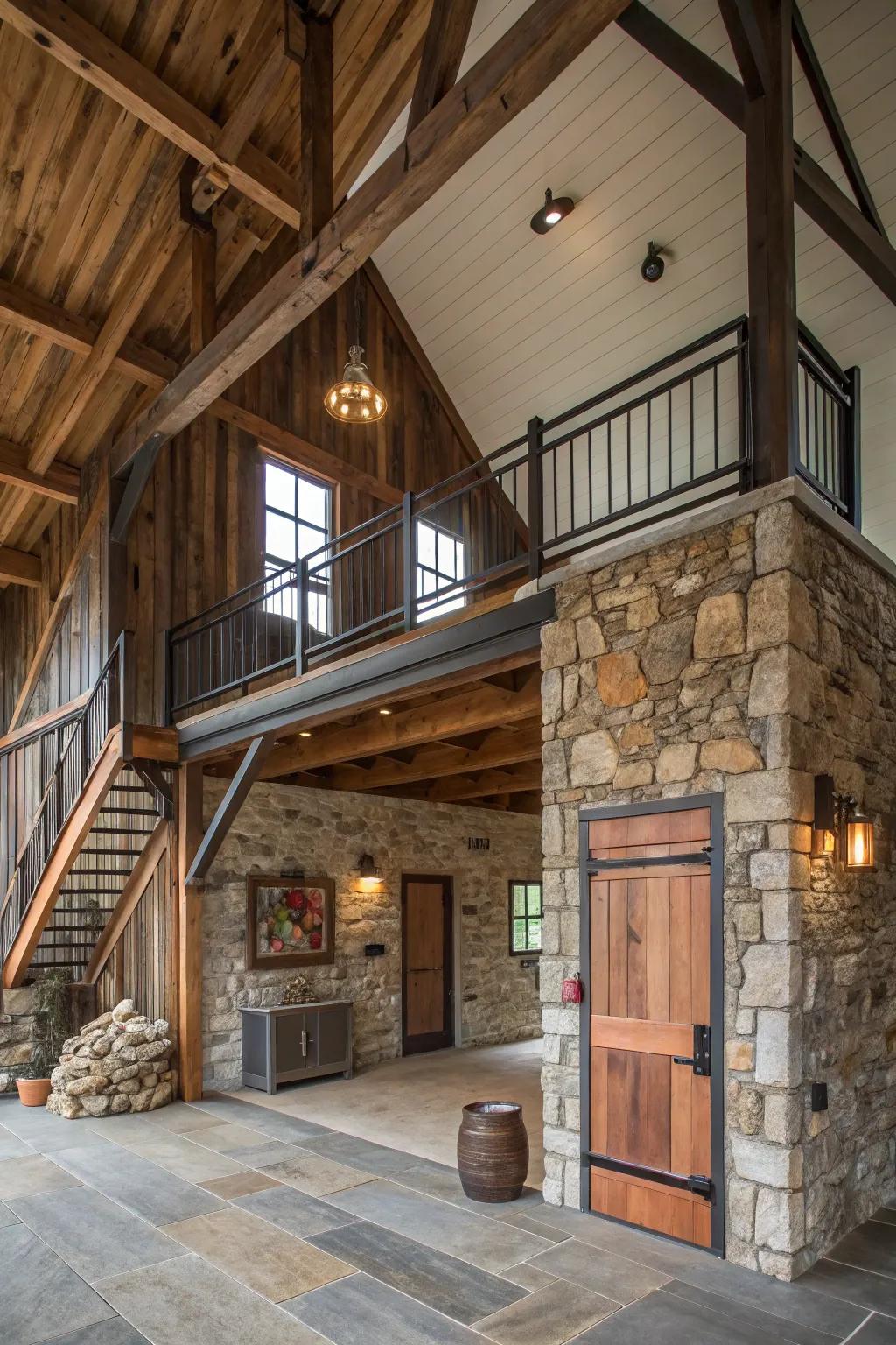 A barn loft displaying a well-balanced mix of wood, metalwork, and stonework.