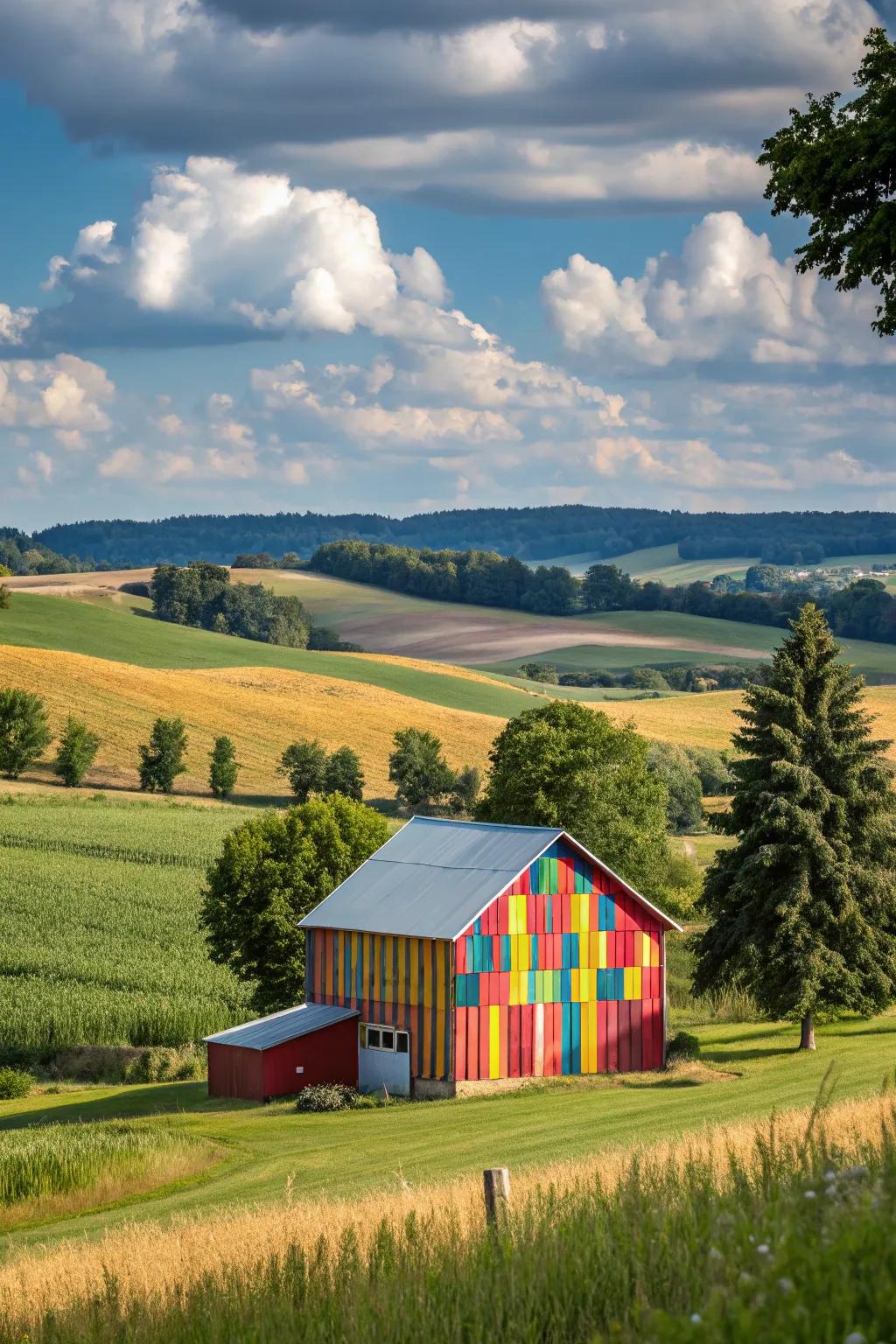 A barn displaying a vibrant color scheme that enhances its character.
