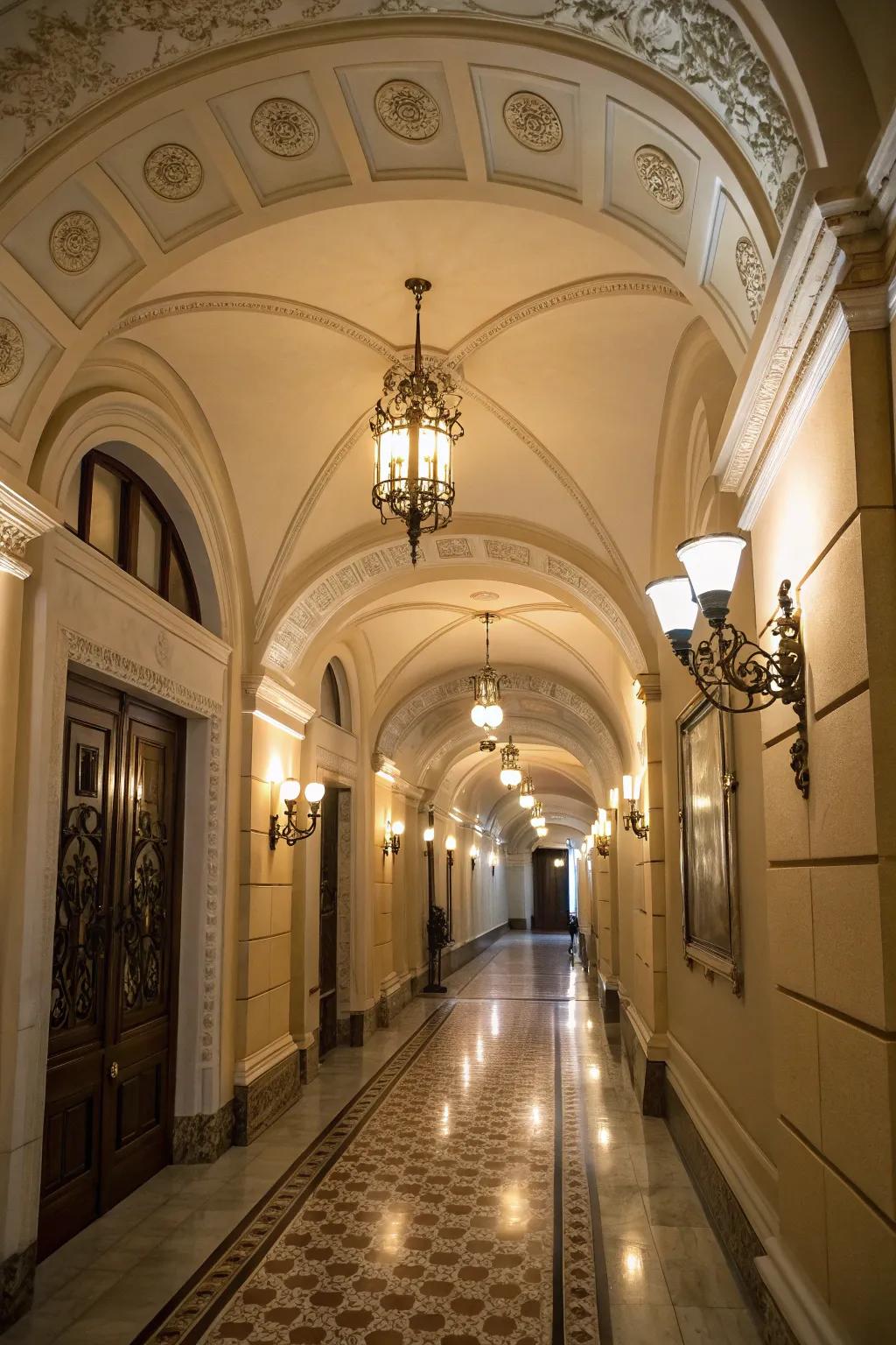 An elegant hallway showcasing a guiding vaulted ceiling.